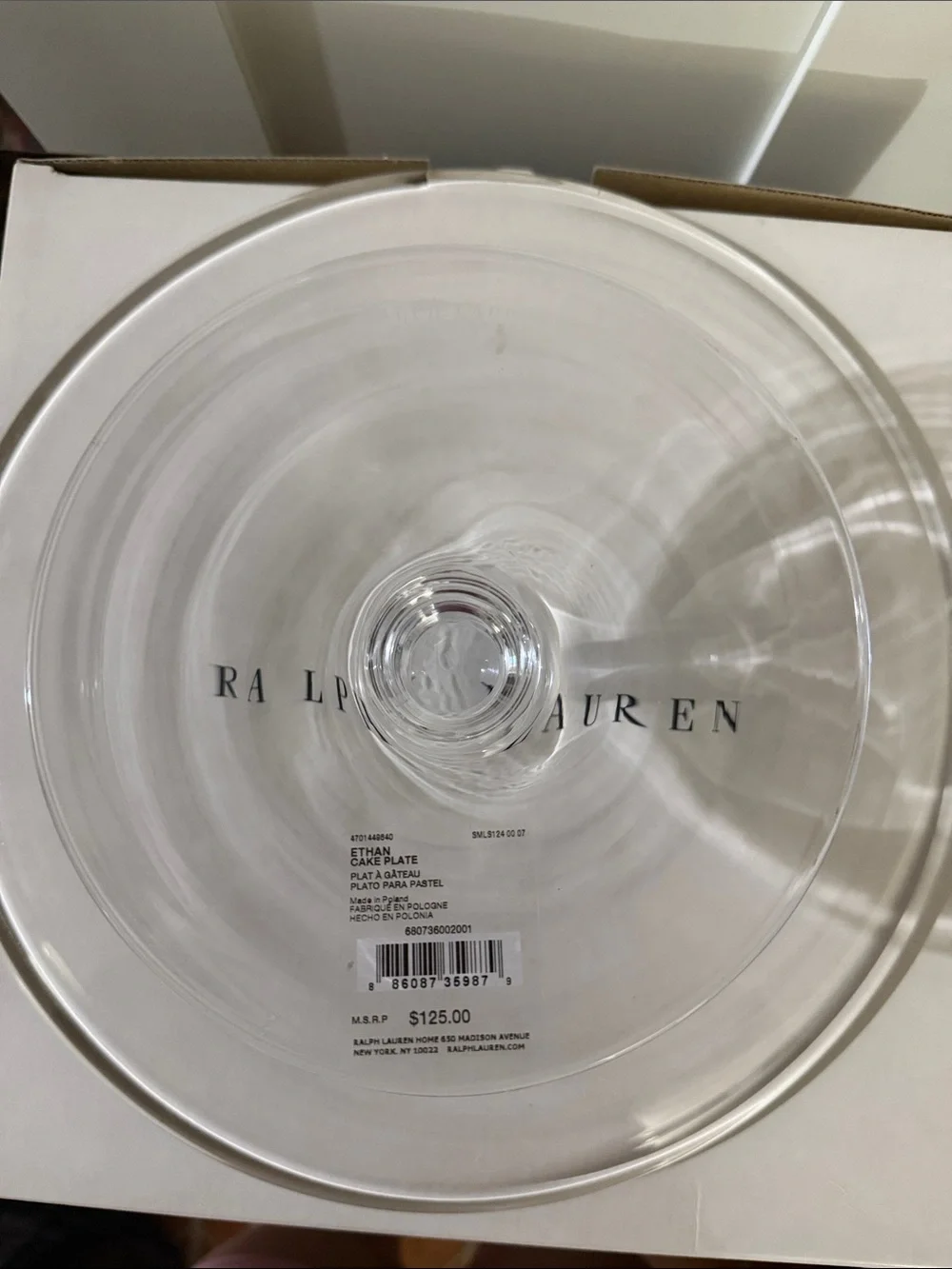 NWT Ralph Lauren Clear Glass Cake Plate Pedestal